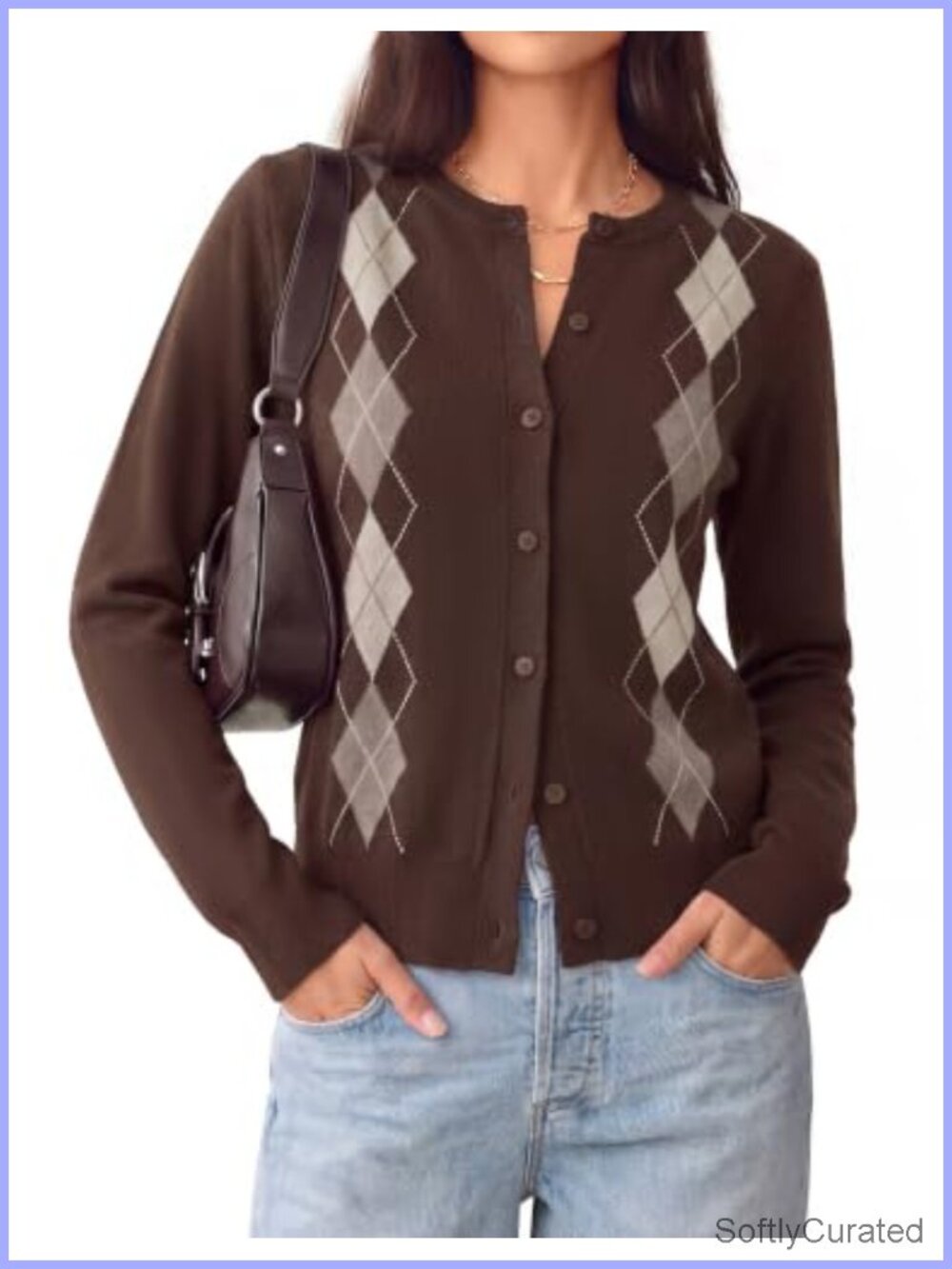 Women's Argyle Button Up Cardigan Crewneck Long Sleeve Fall Sweater